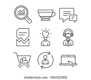 Set of Shipping support, Corrupted file and Education icons. Comment, Internet shopping and Dry cappuccino signs. Person info, Data analysis and Portable computer symbols. Vector