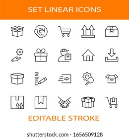 Set of Shipping vector line icon. It contains symbols to box, home and more. Editable Stroke. 32x32 pixels.