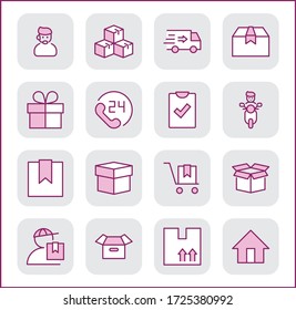 Juego de iconos de la línea vector de envío. Contiene símbolos a box, home y más. Stroke editable. 32x32 píxeles.