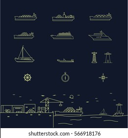 A set of Shipping/Sea Icons and a Harbour Illustration