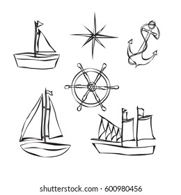 Set from ships, anchors and compasses black silhouette on white background