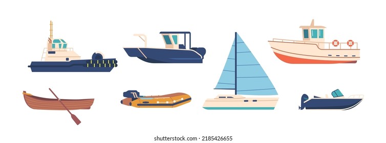 Set of Ships and Boats Different Types Isolated on White Background. Yacht, Wooden and Motor Boat, Longboat Piscatorial Marine Vessels. Maritime Transportation Modes. Cartoon Vector Illustration