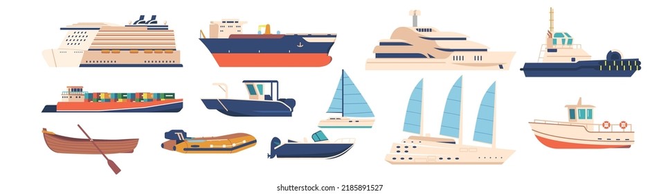 Set of Ships and Boats Isolated on White Background. Marine Vessels of Different Types for Cargo and Travel. Maritime Transportation, Freight Shipping and Cruise Liner. Cartoon Vector Illustration