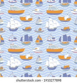 Set of ships, boats, sailing yachts. Sea transport seamless pattern. Vector