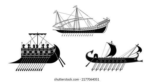 set of ships from the distant past. Greek, Phoenician, Venetian ships. black silhouettes are isolated on a white background. stock vector illustration. EPS 10.