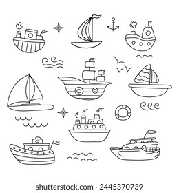 Set of Ships in doodle style. Vector illustration. Isolated on white background