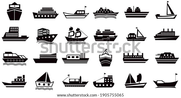 Set of Ships icons, boats silhouette\
symbol. contain such as icon shipping, cruise, cargo, logistics,\
military ship and more. editable.\
vector
