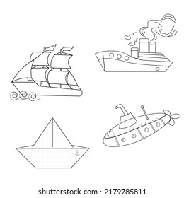 set of ships, linear drawing, icons of ships on a white background, vector