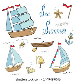 Set of ships for marine design. Cartoon lines art. Vector hand draw illustration.