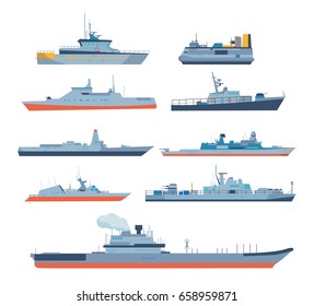 Set of ships in modern flat style: ships, boats, ferries, with blue sea background. Ocean transport concept. Shipping boats. Vector illustration isolated on white background.