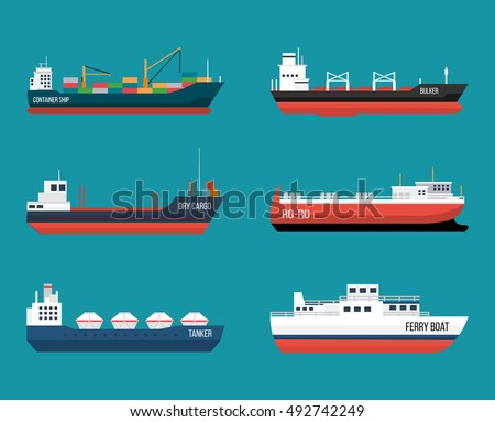 Set of ships in modern flat style. High quality delivery and shipping boats illustration. Set of container ship, bulker, ro-ro, tanker, dry cargo, ferry boat. Vector illustration on blue background. 