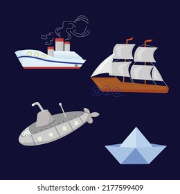 A set of ships on a dark background. A paper boat, a sailboat, a ship with a pipe, a submarine. Vector in the flat style