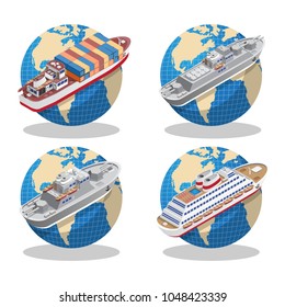 A set of ships on globes. Vector illustration. Isolated on white background.