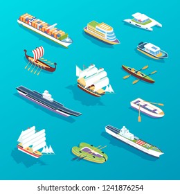 Set of ships: passenger sea ships, cargo boats, ferries, vessel, tourist cruise liner, military warship, cargo ships. Water transport for travel, trip, vacation, transportation. Isometric vector.