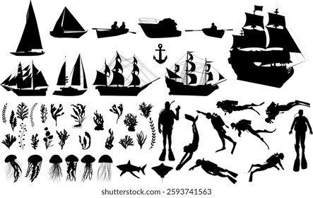 set of ships, scuba divers, fish, seaweed black silhouettes, vector