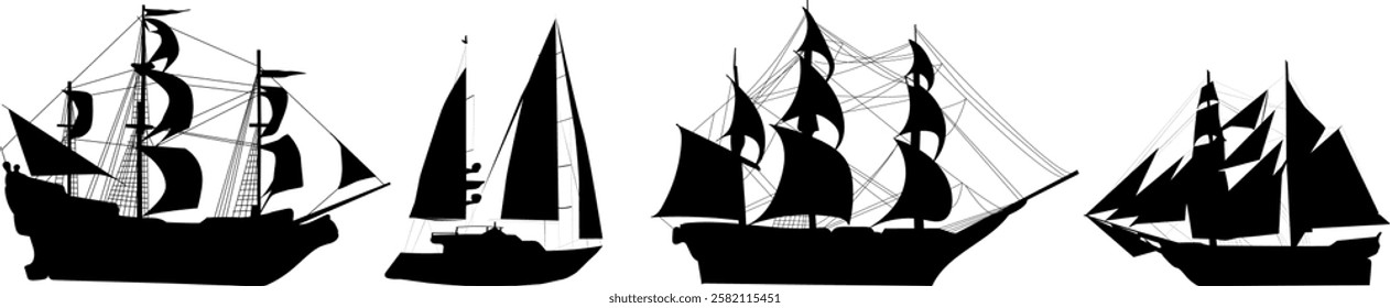 set of ships silhouette on white background vector