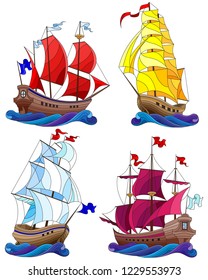 Set of ships in stained glass style, sailboats on waves isolated on white background