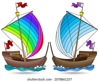 Set of ships in stained glass style, sailboats on waves isolated on white background