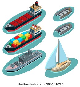 Set of ships: tanker, container ship, destroyer ship, sailboat, inflatable boat with oars, motor boat