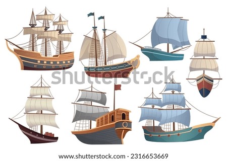 Set of Ships. This illustration is a flat and cartoon-style design featuring a set of different ships, such as sailboats, steamships, and submarines. Vector illustration.