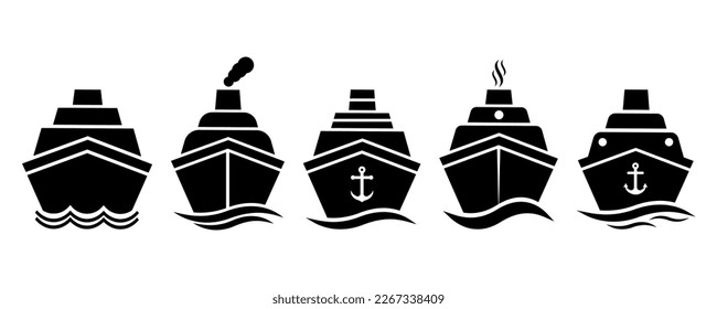 Set of ships vector icons on white background. Freight vessel icon. Black silhouette with ship.