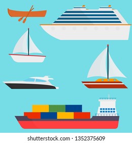 Set of ships  Vector illustration  flat style: ships, boats, ferries, with blue sea background. Ocean transport concept