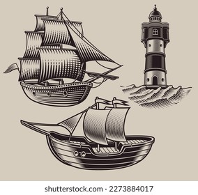 Establecer la ilustración vectorial de buques aislada en un fondo claro