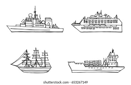Set of ships. Vector vintage sketch