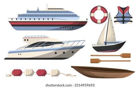 Conjunto de navios. Navios e iates. Transporte náutico. Transporte marítimo, fluvial ou marítimo. Veleiro e forro. Coleção de vetores planos isolada no plano de fundo branco