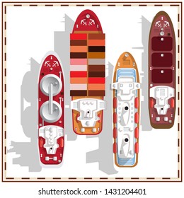 A set of ships. View from above. Isolated on white background. Vector illustration.