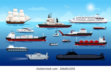 Set of ships. Water transport types poster. Frigate, cruise liner, vessel, barge, boat, yacht, tanker, submarine, motorboat, water scooter. Isolated icons. Ocean transportation. Vector illustration