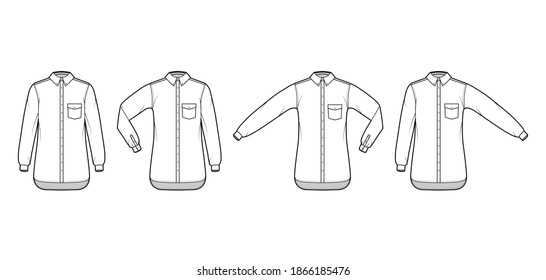 Set of Shirt button-down technical fashion illustration with angled pocket, elbow fold, straight long sleeves, oversized, regular collar. Flat template front, white color. Women men unisex top mockup