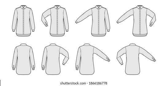 Set of Shirt button-down technical fashion illustration with elbow fold, straight long sleeves, oversized, regular collar. Flat template front, back white color. Women men unisex top CAD mockup
