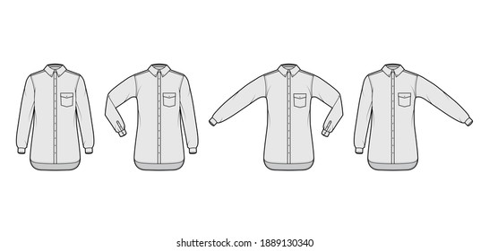 Set of Shirt button-down technical fashion illustration with angled pocket, elbow fold, straight long sleeves, oversized, regular collar. Flat template front, grey color. Women men unisex CAD mockup