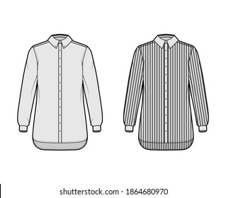 Set of Shirt classic and cleric stripe technical fashion illustration with long sleeves, relax fit, button-down, regular collar. Flat template front, grey color. Women men unisex top CAD mockup