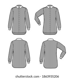 Conjunto de ilustración de moda técnica de banda clériga de camisas con mangas largas dobladas de codo, ajuste relajado, botón abajo, cuello regular. Delantera plana de la plantilla, color de fondo gris. Mujeres hombres unisex top 