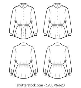 Set of Shirt drawstring gathered waist technical fashion illustration with long sleeves, tunic length, classic collar. Flat apparel top template front, back, white color. Women men unisex CAD mockup
