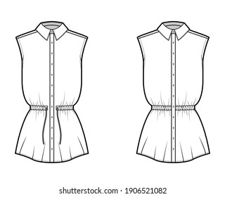 Conjunto de cordón de remolque de cintura recogido ilustración técnica de moda sin mangas, longitud túnica, collar clásico. Delantero de la plantilla de ropa de vestir de la parte superior de la ropa plana, color blanco. Hombres mujeres unisex maquillaje CAD