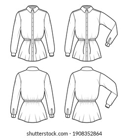 Set of Shirt drawstring gathered waist technical fashion illustration with folded long sleeves, tunic length, classic collar. Flat apparel top template front, back, white color. Women men CAD mockup