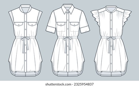 Juego de Ilustración de la moda técnica del vestido de camisas. Dibujo mini Vestido modelo planas de dibujo técnico, diferentes collares y mangas, botón abajo, vista frontal, blanco, mujer maquillaje CAD. 
