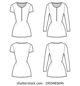 Juego de camisas se viste mini ilustración técnica de moda con cuello de henley, mangas cortas, largas, cuerpo montado, camiseta. Plano frontal de la plantilla, reverso, color blanco. Mujeres, hombres, maquillaje de CAD unisex