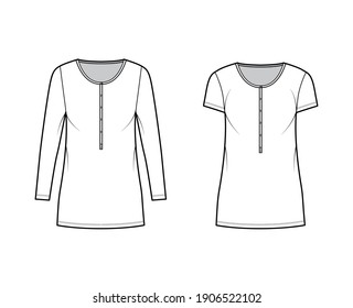 Set of Shirt dresses mini technical fashion illustration with henley neck, short, long sleeves, oversized body, stretch jersey. Flat template front, white color. Women, men, unisex CAD mockup