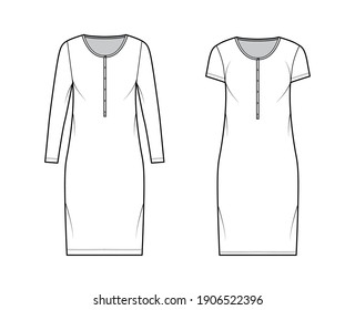 Set of Shirt dresses technical fashion illustration with henley neck, long, short sleeves, knee length, oversized body. Flat apparel template front, white color. Women, men, unisex CAD mockup