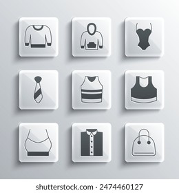 Set Shirt, Handbag, Female crop top, Undershirt, Tie, Sweater and Swimsuit icon. Vector