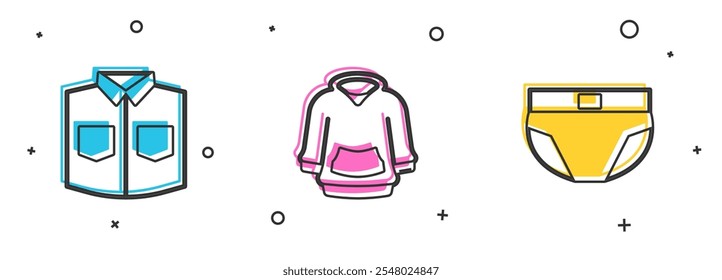 Conjunto de camisa, sudadera con capucha y calzoncillos de hombre icono. Vector