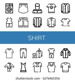 Set of shirt icons. Such as Washing machine, Clothes, Skirt, Shorts, Military, Jacket, Tshirt, Long sleeve, Cardigan, Laundry, Trousers, Nightgown, Suit, Casual , shirt icons