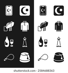 Set Shirt kurta, Hands in praying position, Star crescent, Wine bottle with glass, Mosque tower or minaret, Turkish hat and Rosary beads religion icon. Vector