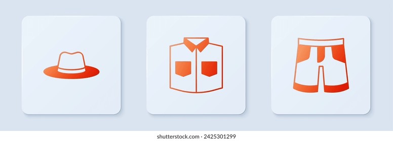 Conjunto Camisa, Sombrero de hombre y Pantalón corto o pantalón. Botón cuadrado blanco. Vector