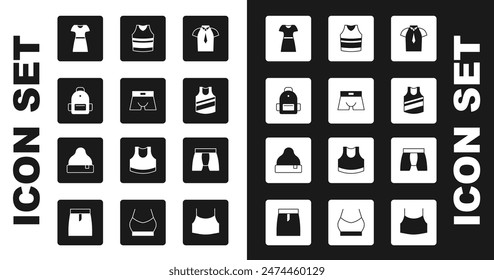 Set Shirt, Men underpants, School backpack, Woman dress, Undershirt,  and Beanie hat icon. Vector