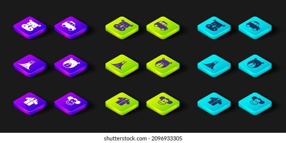 Set Shirt, Monkey, Volcano eruption, Bear head, Car and Rhinoceros icon. Vector